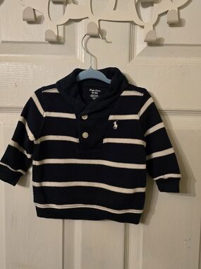 Ralph Lauren Navy & White Striped Shawl-Collar Baby Sweater